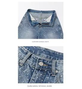Men's Mid Waist Washed Denim Shorts Front Vintage Style Solid Pattern Spandex <b>Fabric</b> Drawstring Closure <b>Rhinestone</b> Decoration - Product Image 3