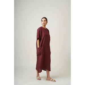 Robe tunique maxi en lin simple faite à la main avec manches courtes, col rond, poches, couleur unie confortable, toutes saisons, vêtements pour femmes - Product Image 3