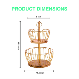 2 Tier Metal and Wooden Fruit Vegetable Basket Stand Home Kitchen Countertop Storage Organizer Produce Display <b>Rack</b> - Product Image 4