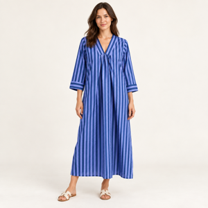Vestido maxi a rayas con cuello en V y manga murciélago para mujer, corte holgado en A, cintura imperio, transpirable, informal, para verano - Product Image 1
