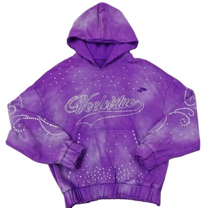 Sweat-shirt à capuche décontracté pour homme, effet délavé, avec strass, streetwear personnalisé, marque privée sur mesure - Product Image 1