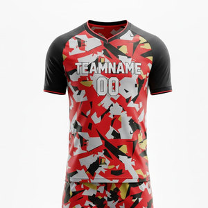 Conjunto de Camiseta de Fútbol Sublimada Personalizada, Patrón Geométrico Rojo y Negro, Manga Corta, Absorbe la Humedad, Corte Atlético para Hombre Adulto - Product Image 3