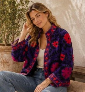 Festival Look Handmade Suzani Embroidered Jacket Black Boho <b>Coat</b> Vintage Ethnic Outerwear Luxury Statement Blazer For <b>Women</b> - Product Image 5