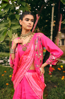Setelan Pesta Etnik Wanita: Lehenga Saree Shimmer Bandhani Pallu, Blus Polos, Jaket Koti Bersulam, Sudah Dijahit