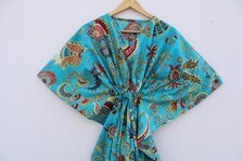 Cotton Kaftan <b>Women</b> Full Length V-neck Short-Sleeved Hand Print Paisley Night <b>Robe</b> Lace Closure Soft Woven Polyester Casual - Product Image 3