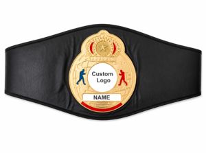 Cinturón de Campeón Mundial de Boxeo Personalizado con Placa Dorada y Figuras Rojas y Azules en Correa de Cuero Sintético PU/Negro - Product Image 3