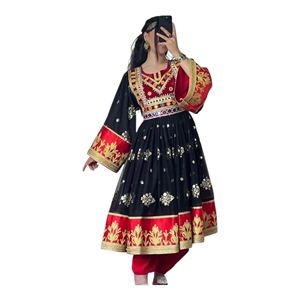 Robe de mariée pour femme en mousseline de soie, style afghane, longueur genou, avec manches lanternes, couleur contrastée rouge et noir, coupe trapèze, faible MOQ - Product Image 1
