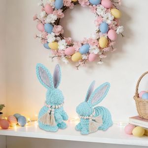 Set di 2 Decorazioni Pasquali Blu con Coniglietto, Centrotavola Rustico per Casa, Decorazioni Primaverili, Statuette di Coniglio Intrecciate - Product Image 4