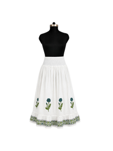 Falda larga de algodón floral verde azulado al por mayor, con cintura fruncida, estilo bohemio casual, estampado a mano, de la India - Product Image 1