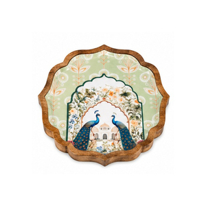 Plateau de rangement en bois bohème, forme polygonale, motif floral sculpté, finition vernie, pour table - Product Image 2
