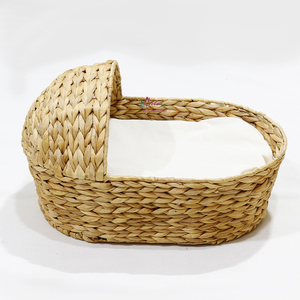Handmade Natural Water Hyacinth Woven Pet Bed Basket with Soft <b>Mat</b> Hooded Design - Product Image 2