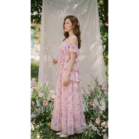 Robe longue élégante pour femme, à volants superposés, motif floral, en mousseline, épaules dénudées, idéale pour les fêtes estivales et la plage