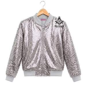 Heritage Masonic Regalia Women’s Silver <b>Sequin</b> Varsity Baseball <b>Jacket</b> Winter Casual Loose Fit Zip Up Greek Apparel - Product Image 1