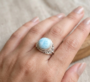 Natural Larimar Statement <b>Ring</b> <b>925</b> Sterling <b>Silver</b> Vintage Filigree Handmade Gemstone <b>Ring</b> Women Jewelry Gift for Men Unisex Her - Product Image 6