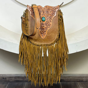Bolso de Hombro de Diseño con Flecos, de Cuero Vacuno Repujado a Mano con Piedra Turquesa, a Precio Bajo, para Mujer, Moda 2025 - Product Image 5