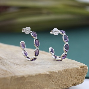 Pendientes Colgantes de Plata de Ley 925 con Amatista Natural, Pendientes de Aro con Gema Ovalada Morada, Joyería al por Mayor - Product Image 1