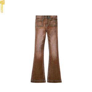 Vaqueros de mezclilla azules con cremallera y corte de bota para mujer, de largo completo, estilo casual vintage con bordado y cinturón de borlas, para otoño y primavera. - Product Image 2