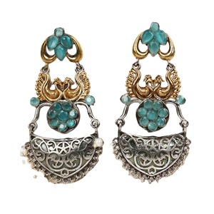 Boucles d'oreilles pendantes bicolores en argent oxydé, motif fleur bohème, avec pierre bleue sertie clos pour femme, idée cadeau - Product Image 1