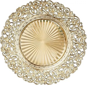 Round Gold Metal <b>Decorative</b> <b>Plate</b> Vintage Engraved Plant Pattern Handmade Charger Dish - Product Image 1