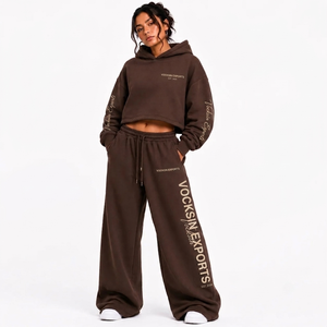 Ensemble pantalon large et sweat à capuche doublé polaire marron pour femme Vocksin INTERNATIONAL, 100 % coton, séchage rapide, style urbain, hiver - Product Image 1
