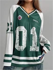 Haut streetwear personnalisé en jersey mesh surdimensionné à manches longues et col en V avec impression de numéro, OEM ODM en gros - Product Image 4