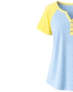 T-shirt pour femme bleu ciel et jaune, manches courtes, col Henley, tee-shirt raglan en coton doux, décontracté, respirant, confortable, pour l'été et le quotidien - Product Image 4