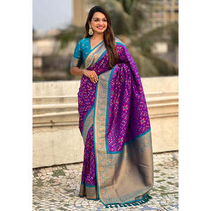 Elite Weaves <b>Purple</b> Premium Patola <b>Saree</b> Soft Silk Zari Woven with Contrast Weaves Indian & Pakistani Clothing 0.6g - Product Image 1