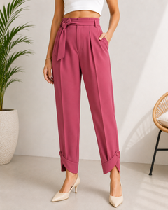 GRACE COLLECTION Women's Yellow Mid Waist Elastic Waist Straight Pants Full Length Casual Autumn Regular Fit 100% Cotton - Product Image 4