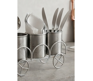 Wheeled Metal Cutlery <b>Organizer</b> 3 Compartment Flatware Holder Vintage <b>Utensil</b> Caddy for Kitchen - Product Image 4