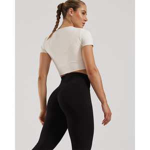 Ivory Crop <b>Top</b> Short Sleeves Crew Neck Minimalist Style Breathable Four-Way Stretch Knitted Polyester/Cotton <b>Sequined</b> Women - Product Image 4