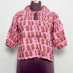 Camisa de algodón puro con estampado en bloques para mujer, blusa de manga larga con estampado para un ajuste regular, para uso informal o formal de oficina. - Product Image 1