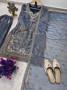 Indian Pakistani Blue Silk Embroidered <b>Shawl</b> With Floral Pattern <b>Traditional</b> Ethnic <b>Scarf</b> For Women Wedding Engagement - Product Image 6