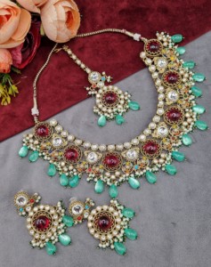 Round Uncut Stone Kundan Necklace With Matching Earring And Mangtika Designer Fashion Antique Gold Plated <b>Jewellery</b> Manufacturer - Product Image 1