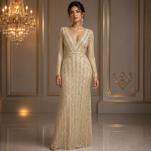 Vestido de noche de lujo con cuentas en color oro champán |   Vestido Largo Formal de Fiesta, Cóctel o Boda con Escote en V Profundo y Manga Larga para Mujer - Product Image 2