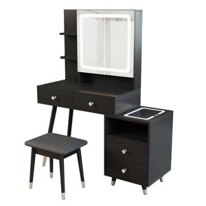 Solid Wood <b>Makeup</b> Vanities 4 Drawers 2 Layer Shelf <b>Mirror</b> Cabinet-Pitted Particle Board Melamine Paste Copper Sheath Decoration - Product Image 4