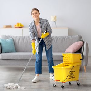 Seau à serpillière jaune de 38 litres avec poignée et essoreuse à pression sur roulettes, chariot de nettoyage en plastique PP - Product Image 2