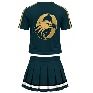 Ensemble uniforme de cheerleading vert sarcelle foncé et or, haut à manches courtes et jupe plissée, tenue d'équipe sportive pour entraînement, performance et compétition - Product Image 2