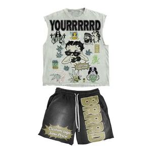 OEM Custom DTG Print <b>Men</b> Streetwear Tracksuits Vintage Sun Faded Acid Washed Short Sleeve T <b>Shirt</b> and Sweat Shorts Two Piece Set - Product Image 6