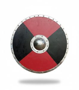 Décoration murale bouclier rond Viking rouge et noir, bouclier de guerrier médiéval avec centre en métal et bord riveté - Product Image 3