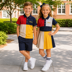 Ensemble d'uniformes scolaires unisexes pour enfants en tissu tricoté poly-coton de haute qualité avec logo brodé, service OEM en gros à Hanoï - Product Image 1