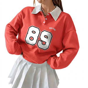 Sudadera Polo Negra Extra Grande para Mujer con Estampado del Número 89, Cuello Blanco, Manga Larga, Estilo Preppy, Tejida - Product Image 2
