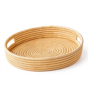 Handwoven Round Rattan Bohemian <b>Plant</b> & Floral Design Multi-Functional Decorative Rope Serving <b>Tray</b> & Platter - Product Image 1