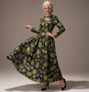 Support Custom <b>Vintage</b> Elegant Floral Print A-Line Maxi Dress with Full Sleeves O-Neck Satin Fabric <b>Ball</b> <b>Gown</b> Polyester - Product Image 1