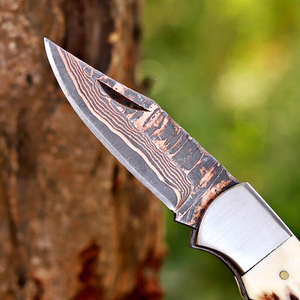 Cuchillo Plegable de Acero de Damasco y Cobre con Punta Recta, Mango de Cuerno, Bloqueo Trasero, Cuchillo Utilitario EDC de Grado Industrial AR KNIVES - Product Image 5