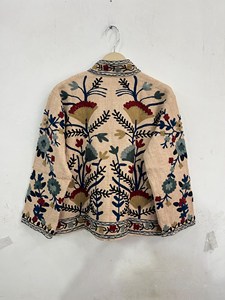 Bohemian Suzani Embroidery Jacket Women Handcrafted Beige Cotton Floral Coat Ethnic Wear Vintage Tribal Design Stand Collar - Product Image 5