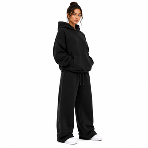 Conjunto de Pantalones Anchos y Sudadera Oversize para Mujer, 100% Algodón Felpa, Color Sólido, Dos Piezas, Corte Holgado, Casual, Antiarrugas - Product Image 3