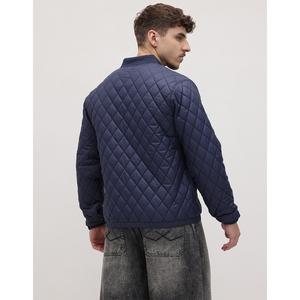 Men's Navy Blue Quilted <b>Jacket</b> Stand Collar Regular Fit Casual Polyester Wadding Autumn Wear - Product Image 2