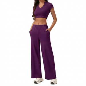 Custom Women Athletic Tracksuit Short Sleeve <b>Crop</b> <b>Top</b> Wide Leg Pants Activewear Set Fitness Gym Workout Two Piece Outfit - Product Image 1