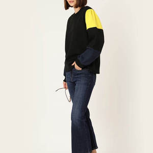 Women Color Blocked Crew Neck Sweatshirt <b>Long</b> Sleeve Knitted Casual <b>Top</b> <b>Black</b> Yellow Navy Autumn Wear - Product Image 4