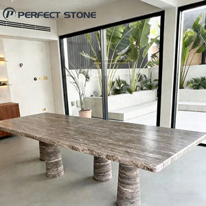 Bộ bàn ăn đá Travertine màu xám bạc tự nhiên hiện đại PerfectStone, sản xuất tại Ý, có thể tùy chỉnh cho nhà bếp - Product Image 1